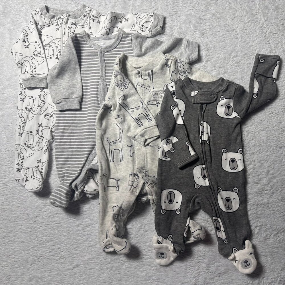 Baby Boys Sleeper Bundle (P–3M) | 6 One-Pieces + Hats | Neutral Animal Prints